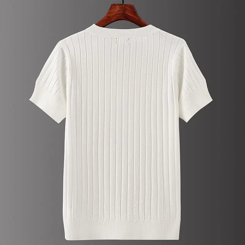 Men's Short Sleeve T-shirts V-neck Casual Knitting Striped Tops All-match Solid Color Pullover Soft Slim Fit Breathable T Shirt  Amaijoin