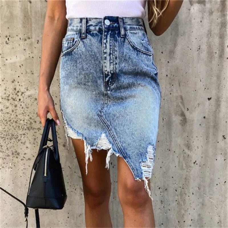 Fashion Irregular Hem Wrap Hip Skirt 2024 Summer Slim Broken Holes Denim Half-body Dresses Female Comfortable Casual Streetwear  Amaijoin