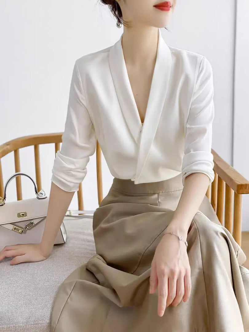 Women's Satin White Blouse Long Sleeve V-neck Shirts Elegant Office Lady Wear Spring Simple Style Female Tops Commuter Shirt  Amaijoin