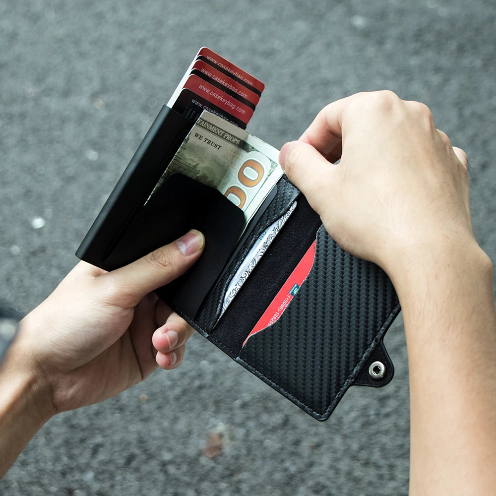 CASEKEY Credit Card Case Mini Wallet Men RFID Carbon Fiber Pu Leather Smart Vallet Small Aluminum Card Holder Portafoglio Uomo  Amaijoin