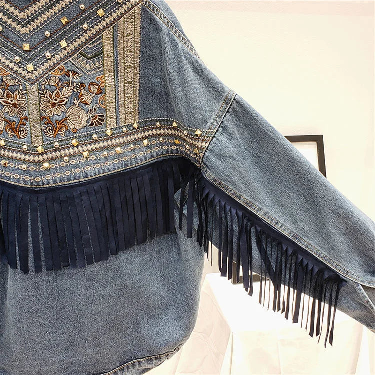 Denim Jacket Korean Floral Embroidery Suede Fringe Loose Chaquetas Mujer Coat Long Sleeve Outerwear Women Veste Femme  Amaijoin