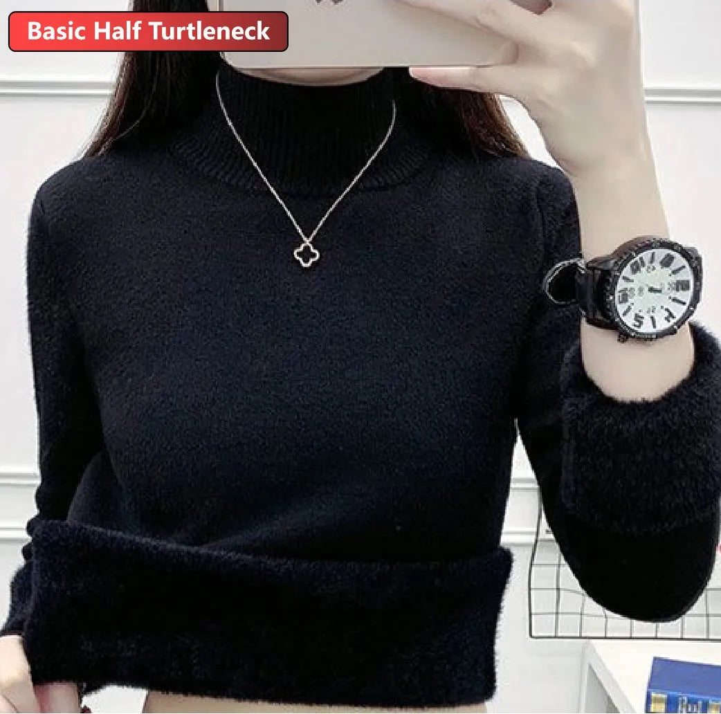 Turtleneck Winter Sweater Women Elegant Thicken Velvet Lined Warm Sueter Knitted Pullover Slim Tops Jersey Knitwear Jumper New  Amaijoin