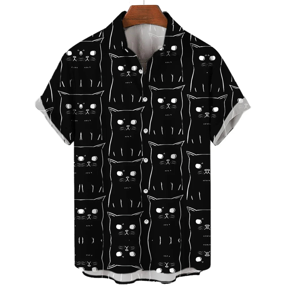 Men's Shirt Cute Cartoon Cat 3D Printed Casual Fashion Women Short Sleeves Shirts Button Lapel Tops Oversized Unisex Clothing  Amaijoin