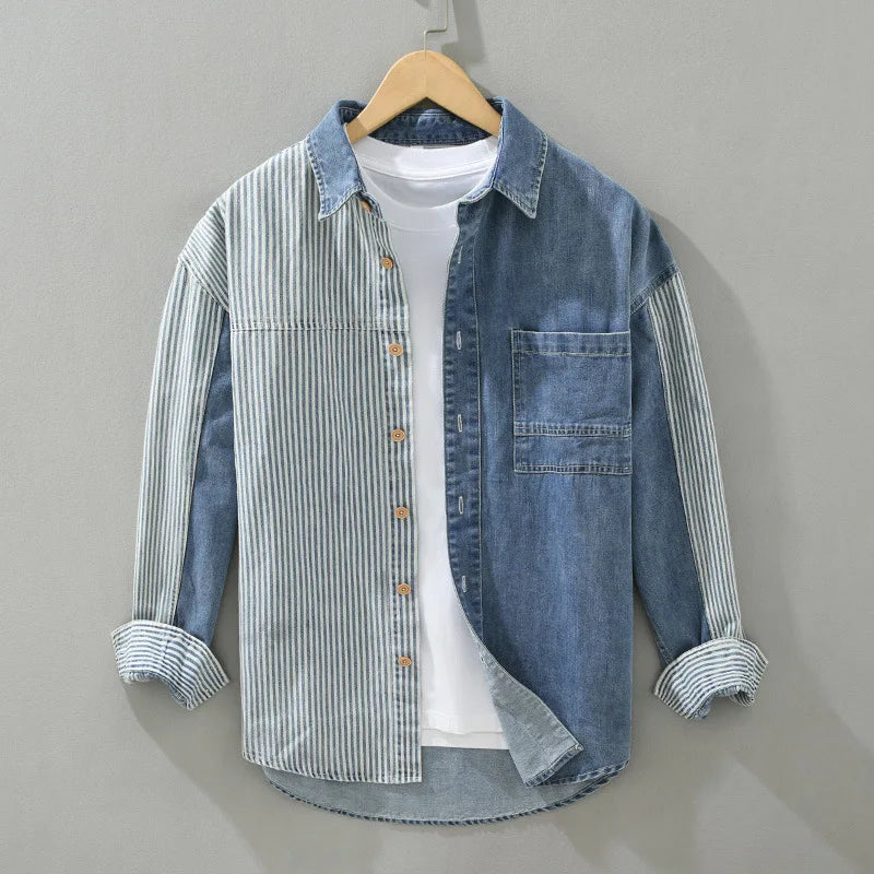 New Men's Denim Shirts Spring High Street Loose Full Sleeves Jean Tops Stripe Patchwork Designer Shirt Youth Fashion Overshirt  Amaijoin