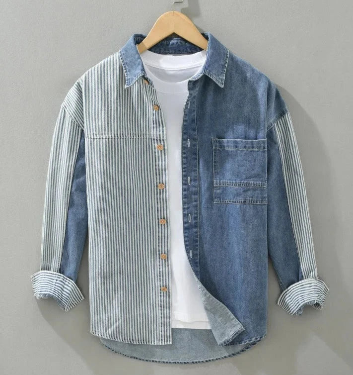 New Men's Denim Shirts Spring High Street Loose Full Sleeves Jean Tops Stripe Patchwork Designer Shirt Youth Fashion Overshirt  Amaijoin