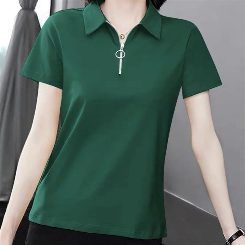 Women Simple Casual Half Zipper Tees Solid Loose Polo Collar T-shirt 2024 Summer Korean Short Sleeve Pullover Tops Ropa De Mujer  Amaijoin