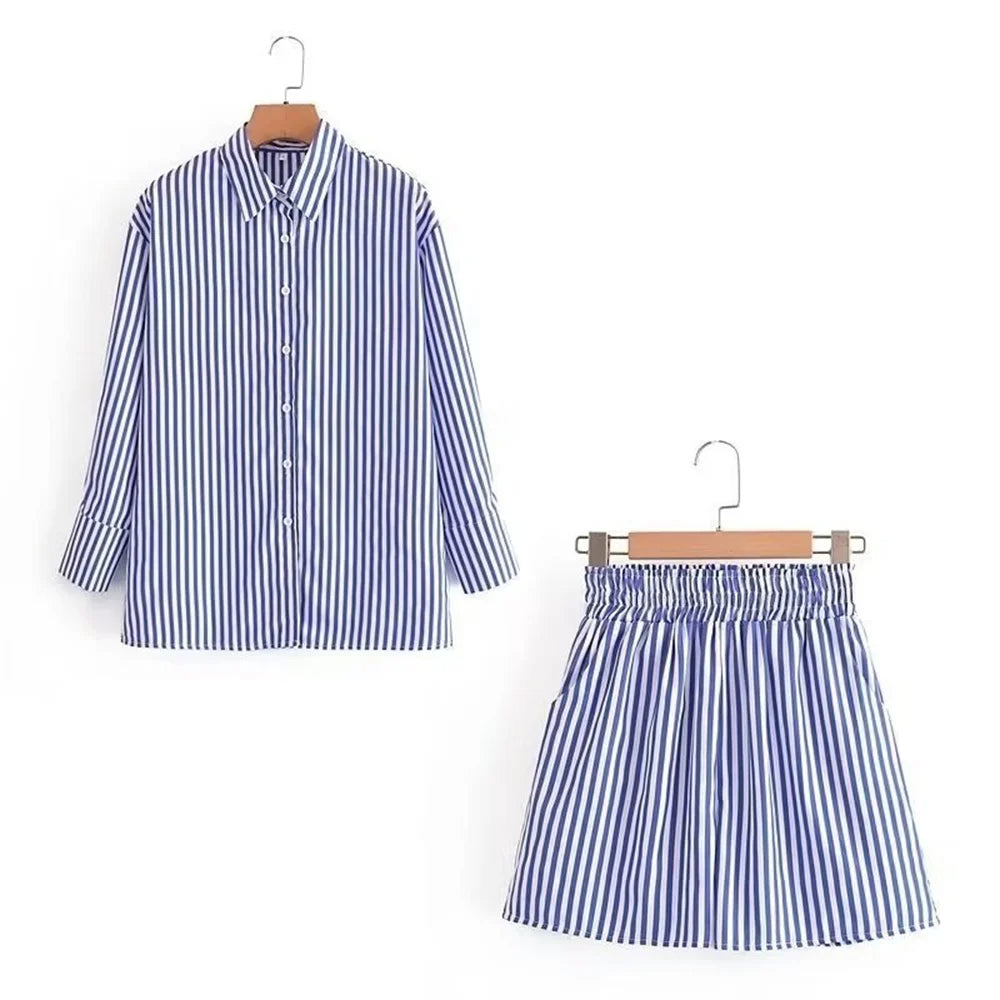 2024 Zarb Spring/Summer New Women's Wear European and American Style Home Stripes Loose Boyfriend Style Shirt Short Skirt  Amaijoin