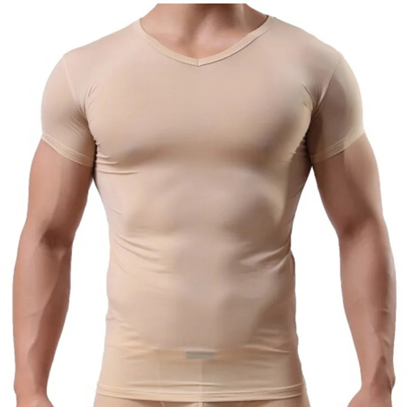 Men's Sheer Undershirts Man Ice Silk Mesh See through Basics Shirts Sexy Fitness Bodybuilding Underwear  Amaijoin