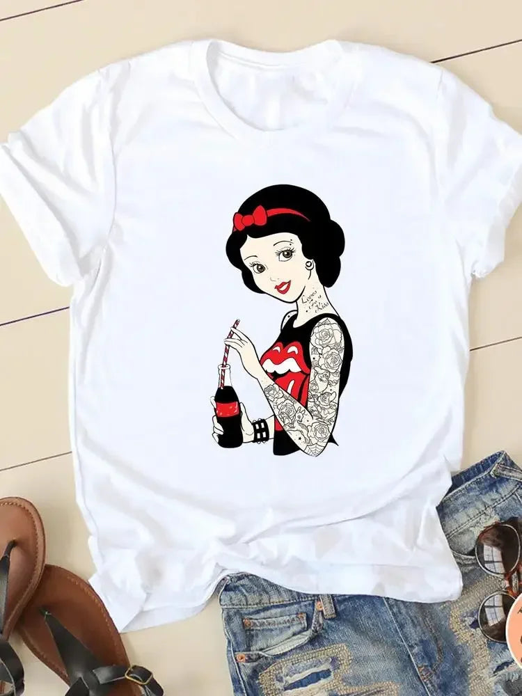 Women's T-shirt Short Sleeve Cartoon Graphic Casual Tee Clothes College 90s Style Interconnection Princess Fashion Female  Amaijoin