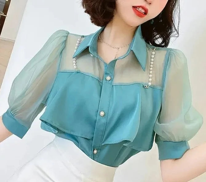 Button Up Womens Shirt & Blouse White Clothes Chiffon Black Tops for Women Short Sleeve Yellow Tunic 2024 Luxury Designer Cool S  Amaijoin