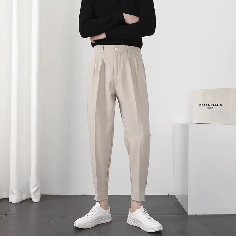 Fashion Men Casual Pants Elastic Waist Small Feet Slim Korean Style Pleated Tapered Male Blazer Pants Trousers Streetwear  Amaijoin