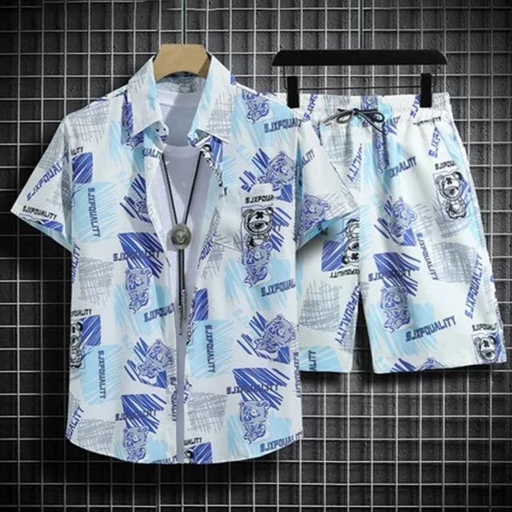 Men's Short-Sleeved Shirt and Shorts Set Seaside Casual Short-Sleeved Shirt Summer Outdoor Street Shorts 3D Printed Men's Set  Amaijoin