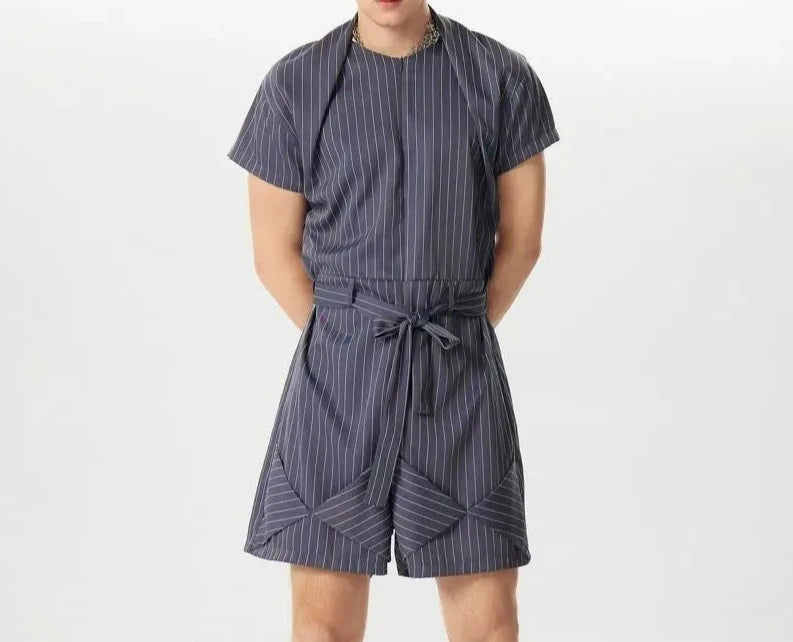 INCERUN Men Striped Rompers O-neck Short Sleeve Streetwear Summer Casual Male Shorts Jumpsuits With Belt 2024 Fashion Overalls  Amaijoin