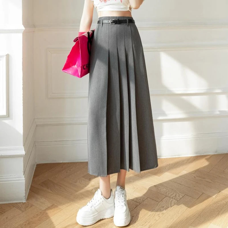 Gray Fashion High Waist A-line Pleated Skirt Women Long Skirts Office Lady Elegant Suit Skirt 2023 New Spring Summer Midi Skirts  Amaijoin