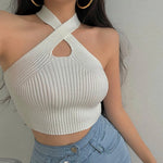 Load image into Gallery viewer, Sexy Cross Vest Crop Tops Women Sports T-shirt Knitted Off Shoulder V-Neck Solid Backless Tank Vest Halter y2k Top Camisole 2022  Amaijoin
