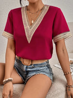 Carregue a imagem no visualizador da Galeria, 2023 summer new lace V-neck short-sleeved T-shirt women loose casual blouse thin solid color pullover  Amaijoin
