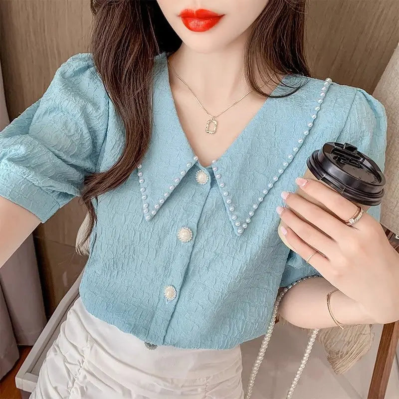 Sweet Peter Pan Collar Puff Sleeve Button Oversized Beading Blouse Summer Casual Tops Elegant Female Clothing Commute Shirt  Amaijoin