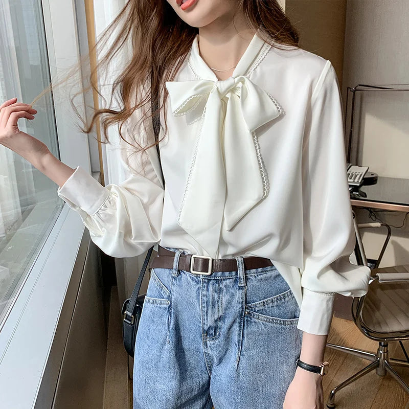 2023 Spring Loose Korean Tops Fashion Autumn Chiffon Blouse Bow Blue Long Sleeve Shirt White Office Lady Clothes Blusas 10691  Amaijoin