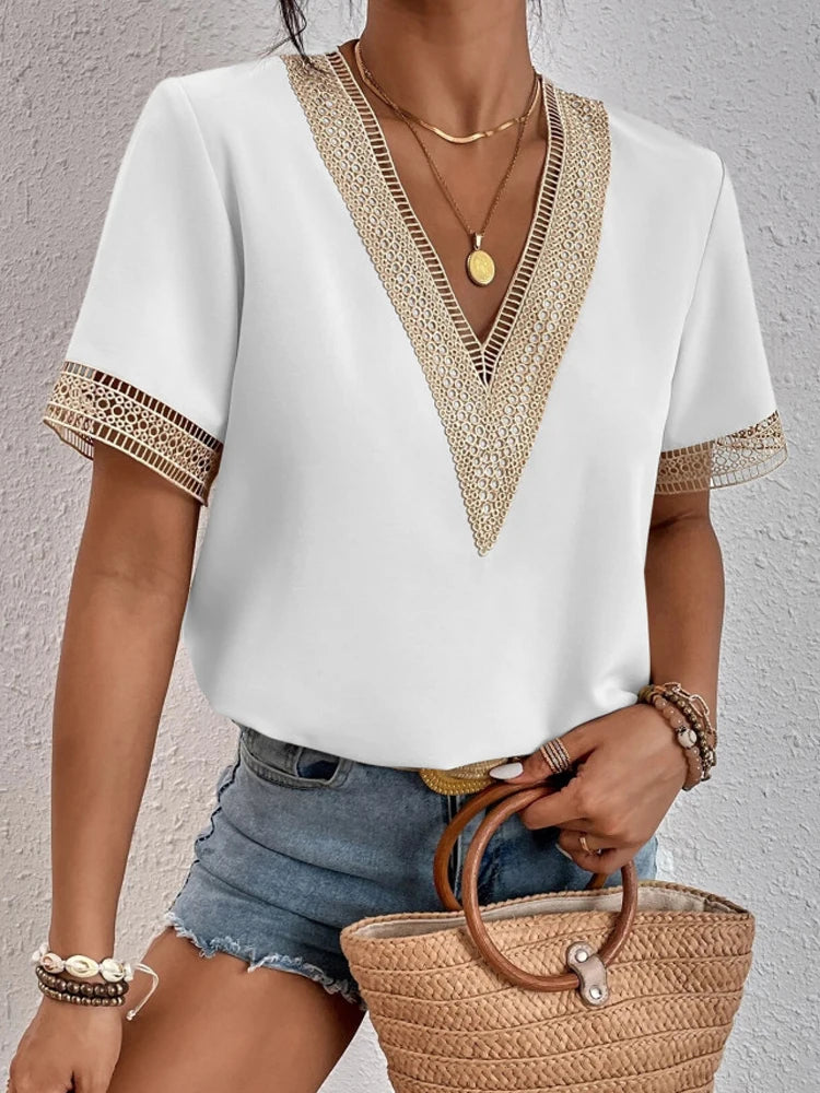 2023 summer new lace V-neck short-sleeved T-shirt women loose casual blouse thin solid color pullover  Amaijoin