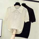 Load image into Gallery viewer, Summer Women Sweater Pullover 2023 Short Sleeve Fashion Polo Collar Solid Knitting T-shirt Loose Casual Sexy Hollow Out Sweaters  Amaijoin
