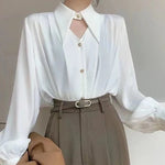 Load image into Gallery viewer, Zoki Sexy Hollow Out Women Satin Shirt Elegant Long Sleeve Casual Office Lady Blouse Korean Fashion All Match Loose White Tops  Amaijoin
