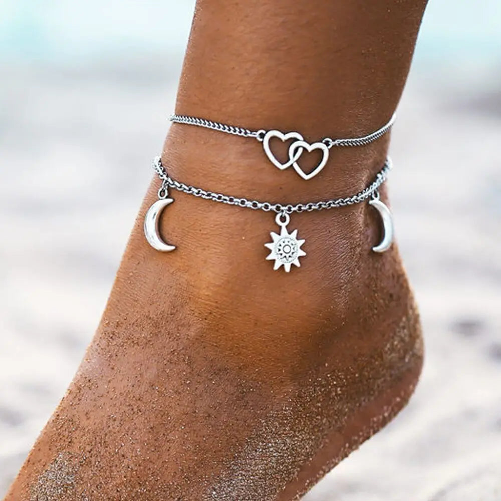 Two Layers Chain Heart Moon Sun Gold Silver Color Anklets For Women Bracelets Summer Barefoot Sandals Jewelry On Foot Leg  Amaijoin