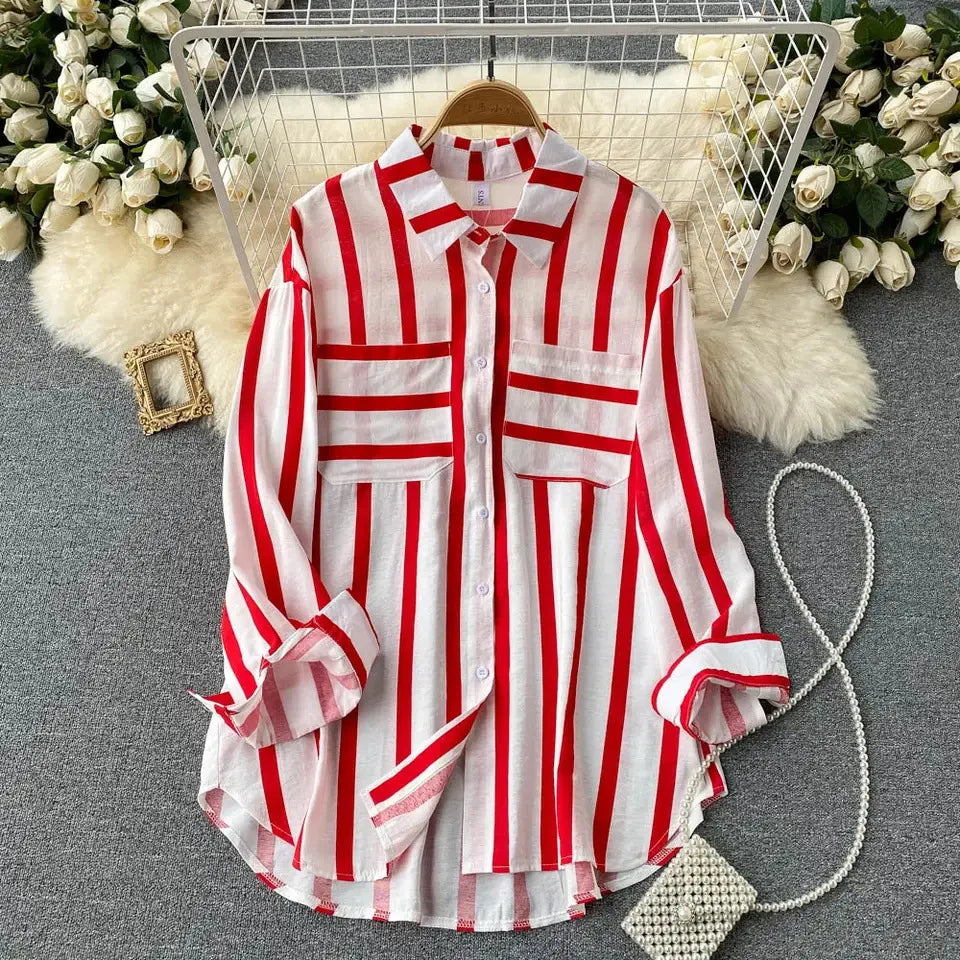 Fashion Woman Blouse 2023 Medium Length Vertical Stripe Shirt Jacket for Women's Korean Casual Loose Fitting Elegant Top  Amaijoin