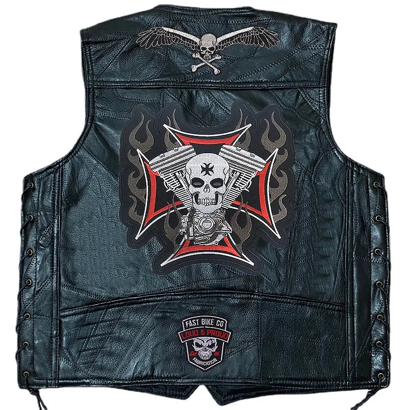 Men's Motorcycle Leather Vest Fashion Embroidered Patches Sleeveless Biker Jacket Casual Streetwear Locomotive Club Punk Veste  Amaijoin