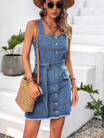 Load image into Gallery viewer, Square Neck Sleeveless Frayed Hem Belted Denim Dress Women Button Front Tank Sundress Female Casual Mini Jeans Dresses  Amaijoin
