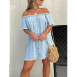 Load image into Gallery viewer, Fashion Waist Solid Party Dress Summer Sexy Off Shoulder Tassel Denim Dress Lady Slash-neck Short Sleeve Flim Jean Mini Dress  Amaijoin
