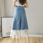 Load image into Gallery viewer, Harajuku Lace Patchwork Denim Skirt Woman Korean High Waist Blue Midi Skirts Women Summer Fashion Plus Sized 3Xl A-Line Skirt  Amaijoin
