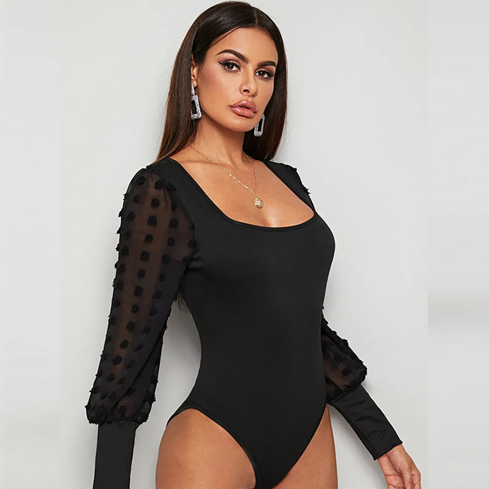 Autumn Tops 2023 New Sexy Elegant Chic Mesh Sleeve Bodysuit Women Black Square Collar Bodycon Office Lady One Piece Outfits  Amaijoin