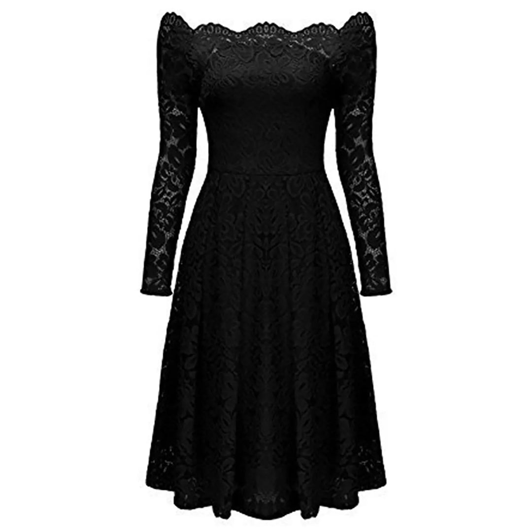 Women's Dresses Summer Dresses Hollow Out Long-Sleeve Waist A-Line Big Swing Lace with Lining Dress Flowy Dresses  Amaijoin