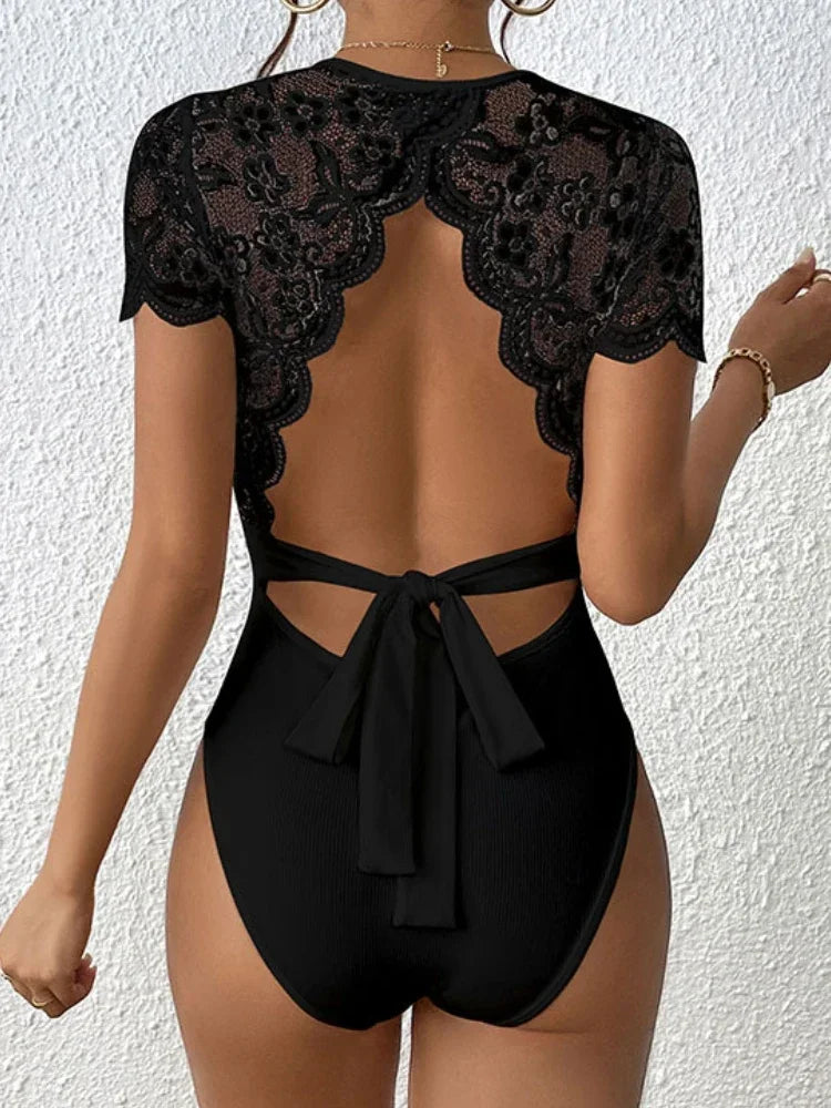 Jumpsuit Backless One Piece Outfits Lace Up Female Clothing Sexy Streetwear Rompers Solid Color Short Sleeved Backless Bodysuit  Amaijoin