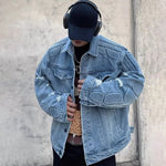 Load image into Gallery viewer, Retro Convex Turtle Shell Denim Jacket Men Hip Hop Ripped Hole Loose Harajuku Bomber Coats Cropped Street Autumn Jeans Outwear  Amaijoin
