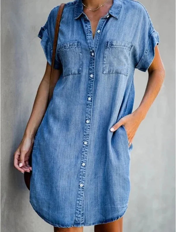 Summer New Single Breasted Denim Shirt Dress Women's Casual Loose Pocket Simple Retro Commuter Female Office Denim Short Skirt  Amaijoin