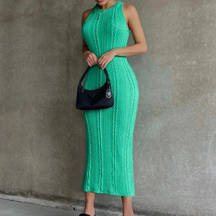 Hugcitar Crochet Sleeveless O-Neck Bodycon Solid Sexy Sweater Dress 2023 Summer Women Streetwear Party Club Elegant Clothing Y2K  Amaijoin