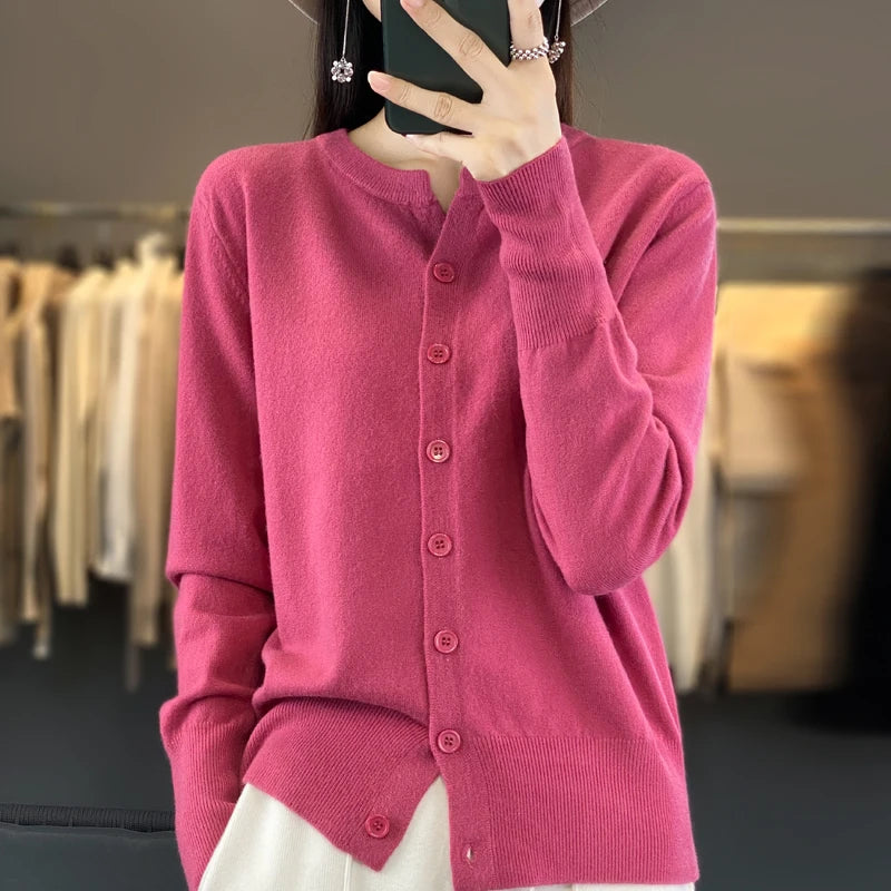 Autumn And Winter New Cashmere Cardigan Women Solid Color Sweater Loose O-Neck Knitted Cashmere Cardigan Sweater Women  Amaijoin