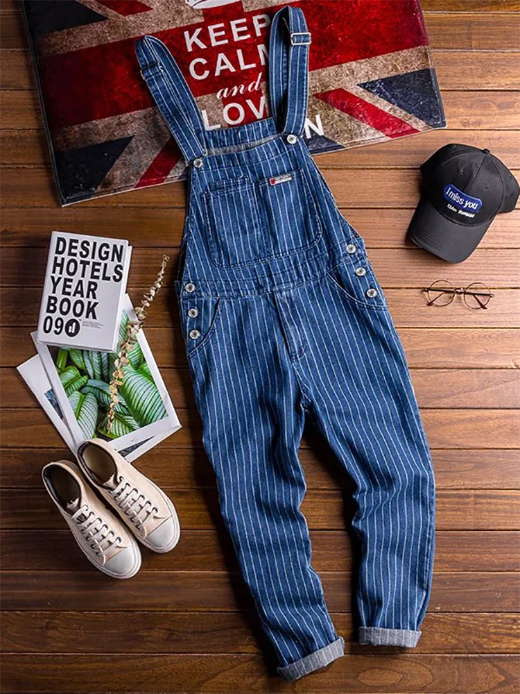 2023 Summer New Mens Bib Overalls Streetwear Denim Jumpsuits Moto Biker Jeans Trousers Male Striped Casual Long Pants Clothing  Amaijoin