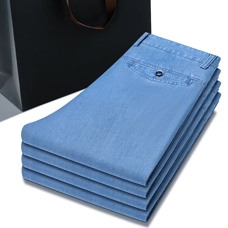 2024 Spring Summer New Men's Thin Light Blue Loose Jeans Business Fashion Lyocell Fabric Stretch Denim Trousers Male Brand Pants  Amaijoin