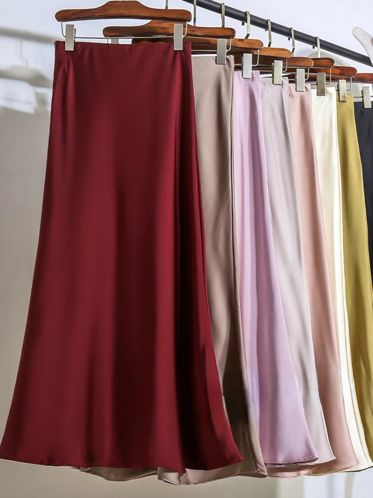 Acetic Satin Fishtail Skirt Woman Korean Fashion Elastic High Waist Skirts for Women Spring/summer 2024 New Slim Long Dresses  Amaijoin