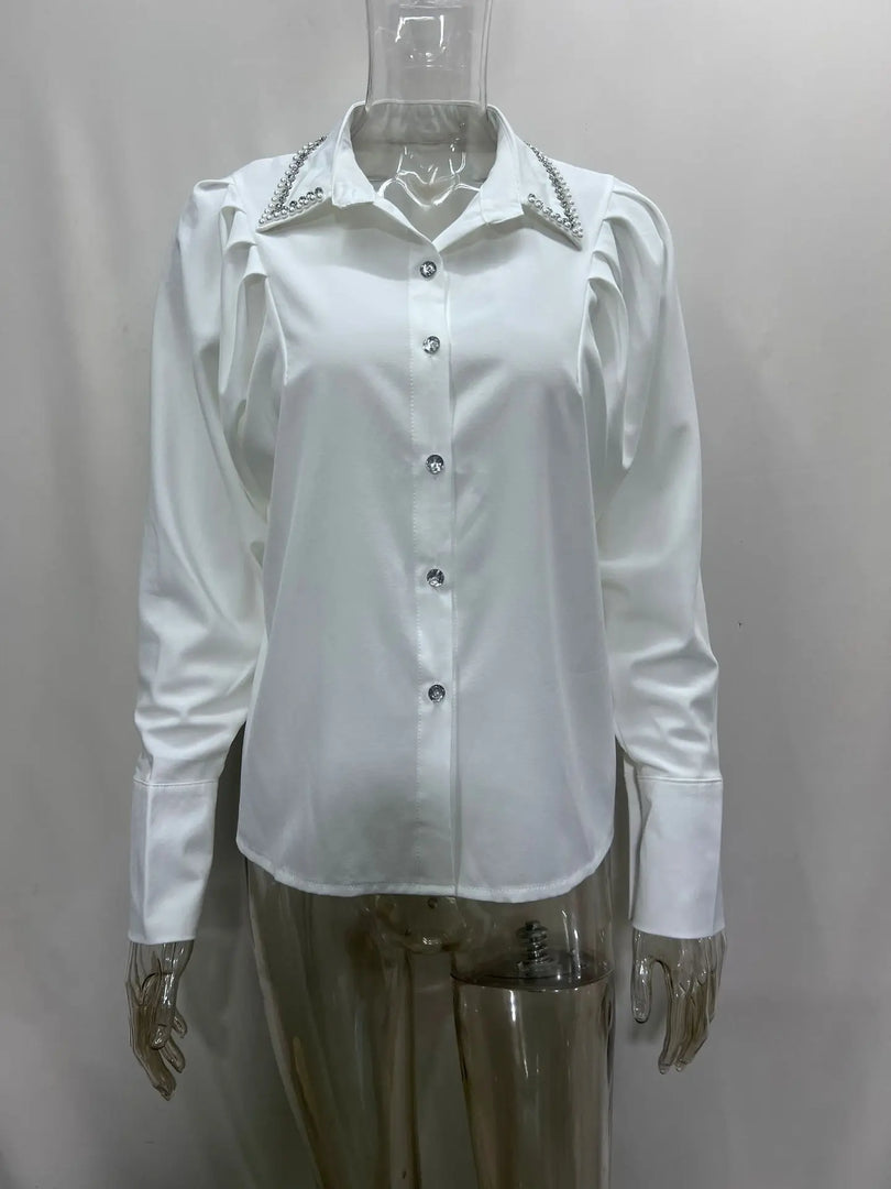 Elegant Office Shirt For Women 2024 Spring Summer Fashion Diamond-encrusted Neck Long Sleeve White Loose Blouses And Tops Female  Amaijoin