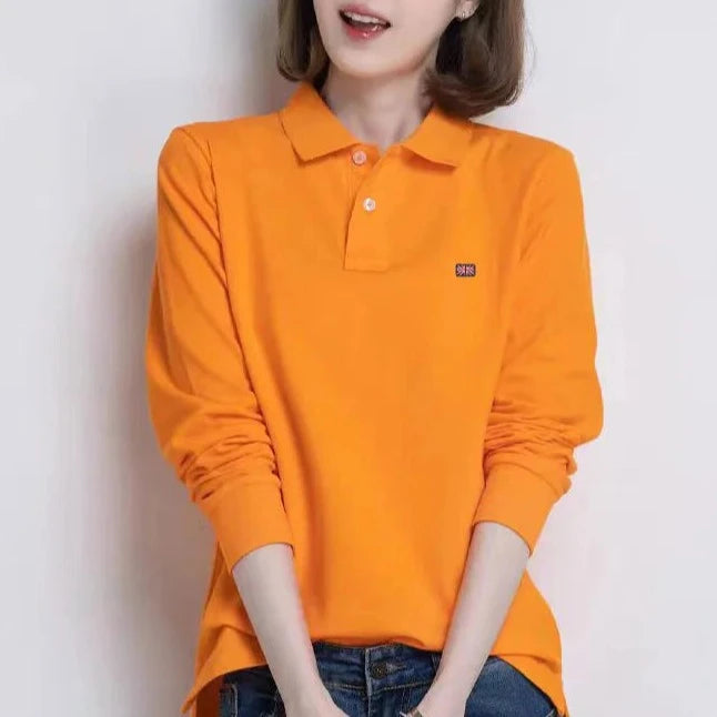 Women's  100% Cotton Long Sleeve Polo Shirts Femmes Lapel T Shirts Collar All-Season New T-shirt Workout Tops  Polo shirt  Amaijoin