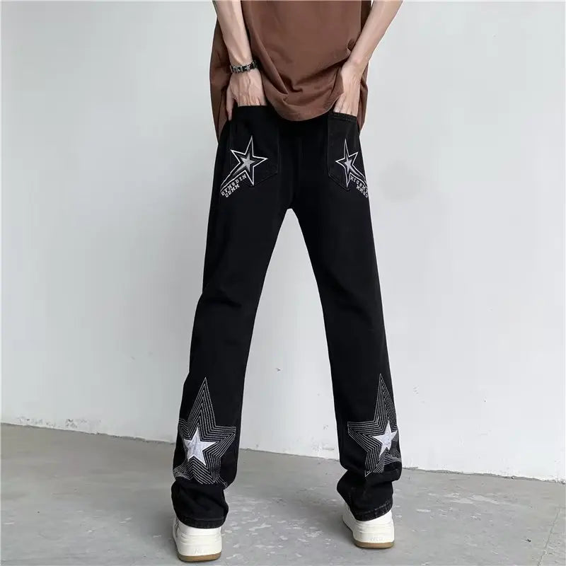 2023 Y2K Fashion Star Embroidery Baggy Jeans Pants Men Clothing Straight Washed Blue Women Luxury Denim Trousers Pantalon Homme  Amaijoin