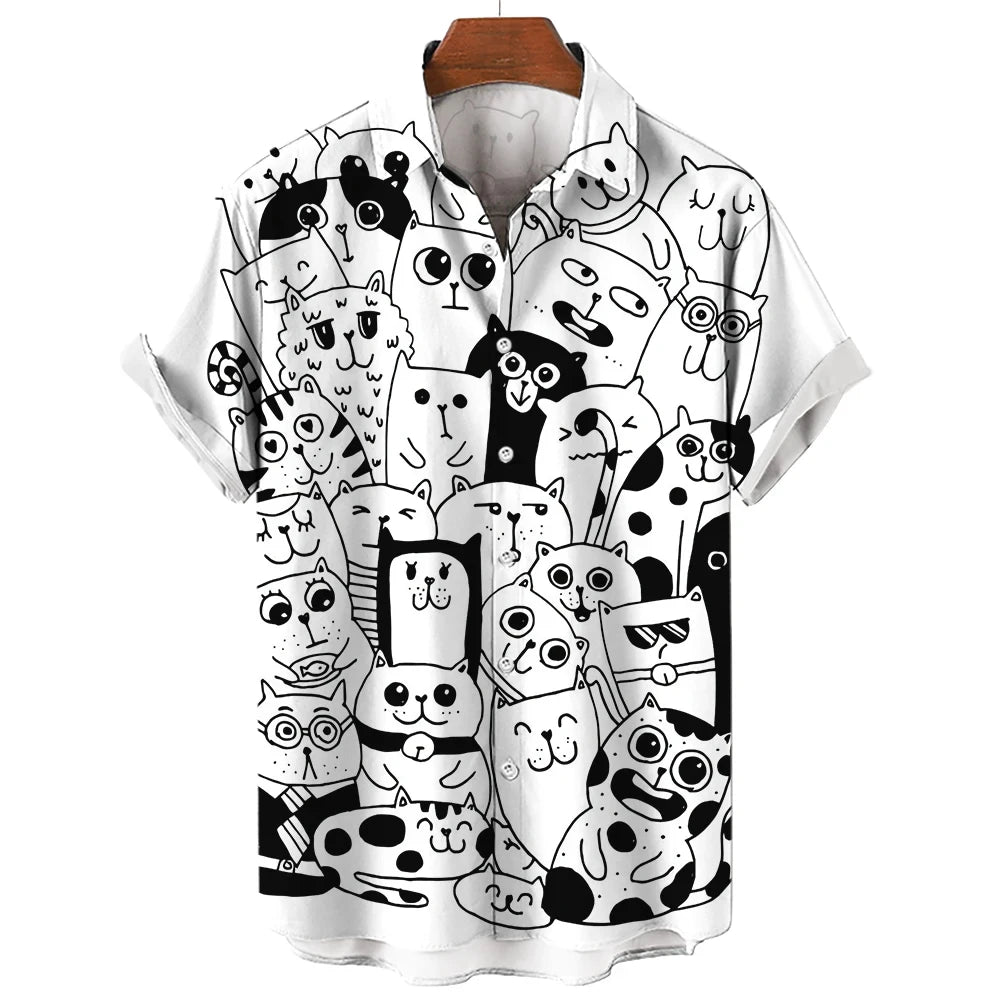 Men's Shirt Cute Cartoon Cat 3D Printed Casual Fashion Women Short Sleeves Shirts Button Lapel Tops Oversized Unisex Clothing  Amaijoin