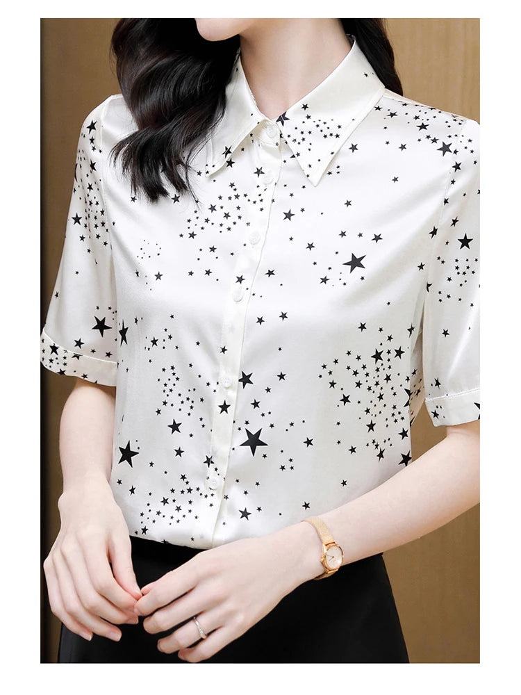 Birdtree 19MM 89.2%Mulberry Silk Summer Women Star Print Shirt Short Sleeve Elegant Fashion Women's Stand Collar Top T38644QD  Amaijoin