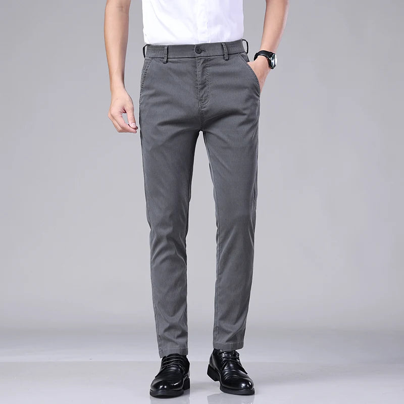 Four Seasons New Soft Lyocell Fabric Men's Pants Business Slim Pant Elastic Waist Korea Solid Color Stretch Casual Trousers Male  Amaijoin