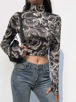 Load image into Gallery viewer, Fashion Trend Women&#39;s Stylish Dragon Printed Crop Tops Long Sleeve High Collar Slim T-shirt Skinny Tees for Spring Autumn  Amaijoin
