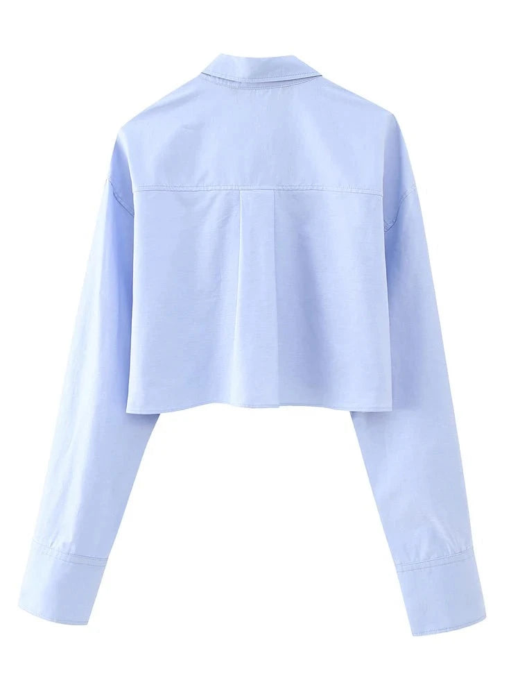 XNWMNZ 2023 Women fashion cropped poplin shirt Woman high street lapel long-sleeve pocket front button top female chic blouse  Amaijoin