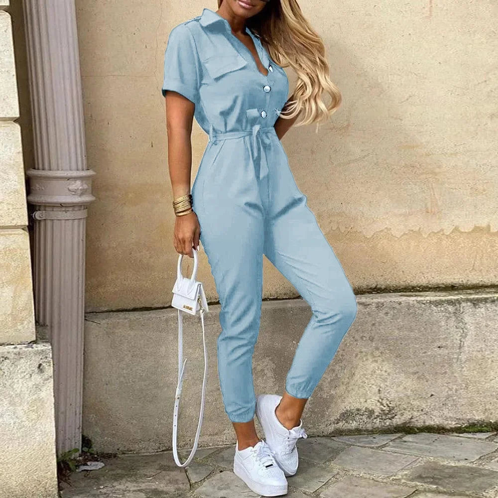 Women's Monochromatic Belt Workwear Jumpsuit, Casual Pants, Flip Collar, Buckle, European and American, Summer, 2023  Amaijoin